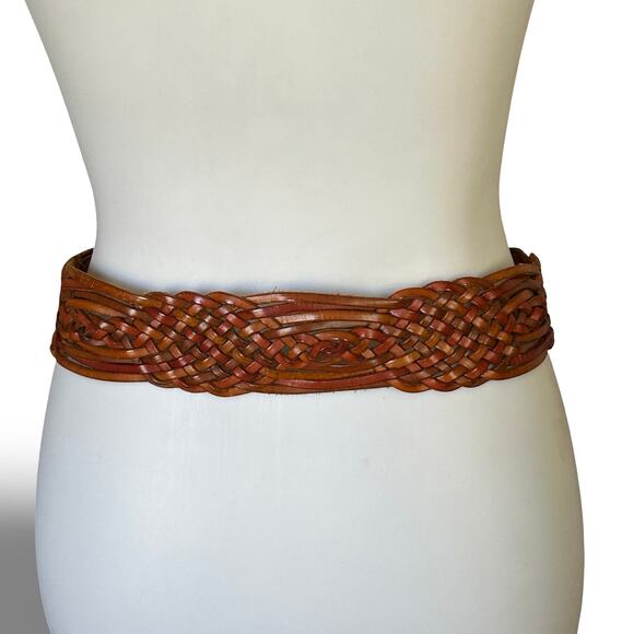 VTG 80s/90s Italian Leather Braided Belt Gold Tone Buckle S